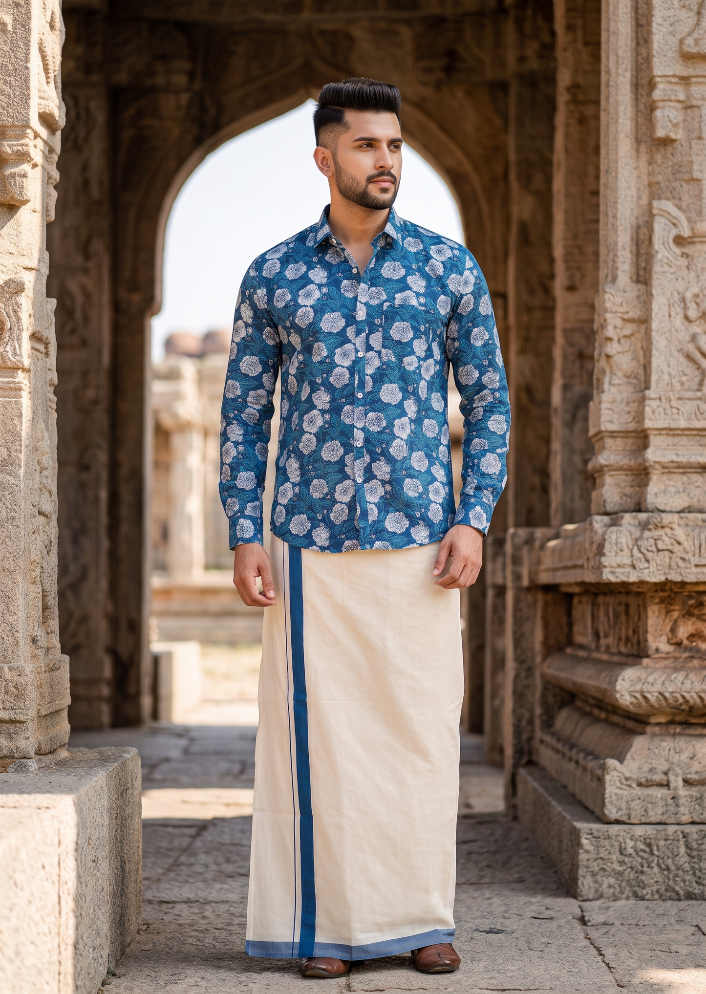 Southloom Cotton Jaipur Printed Men's Combo Full Sleeve (Shirt + Mundu) SLCOMBO SL564