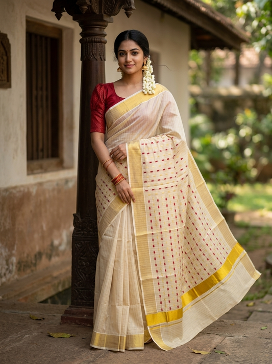 Southloom Tissue Kerala Kasavu Plain Saree with Red &Gold Embroidery Designs on Body