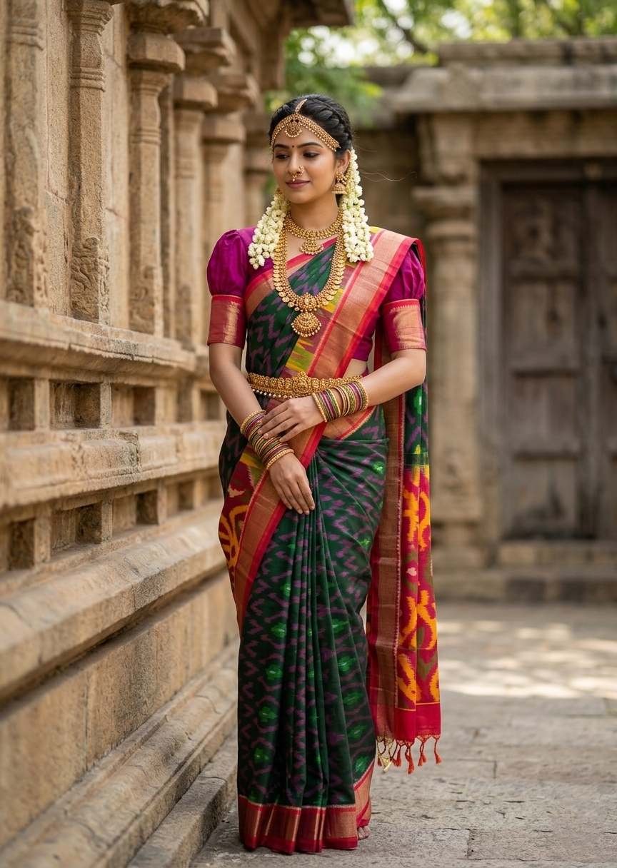 Southloom Pure Handloom Bridal Kanchipuram Silk Saree with Pochampally Work (Green & Magenta)