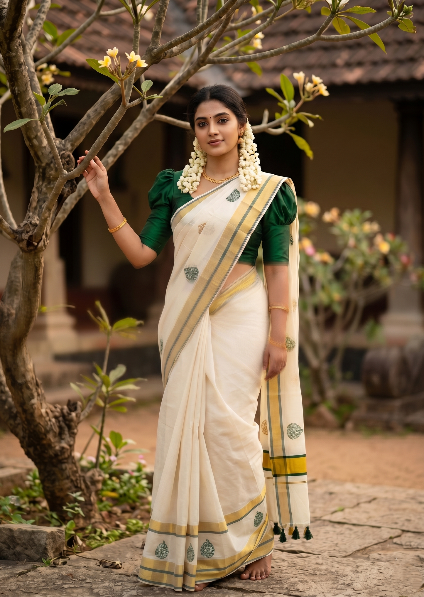 Southloom Pure Cotton Kerala Saree with Digital Print On The Body In Green With Gold Kasavu Border SL367
