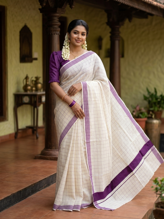 Pure Cotton Kerala Saree with Purple Check Designs Across Body