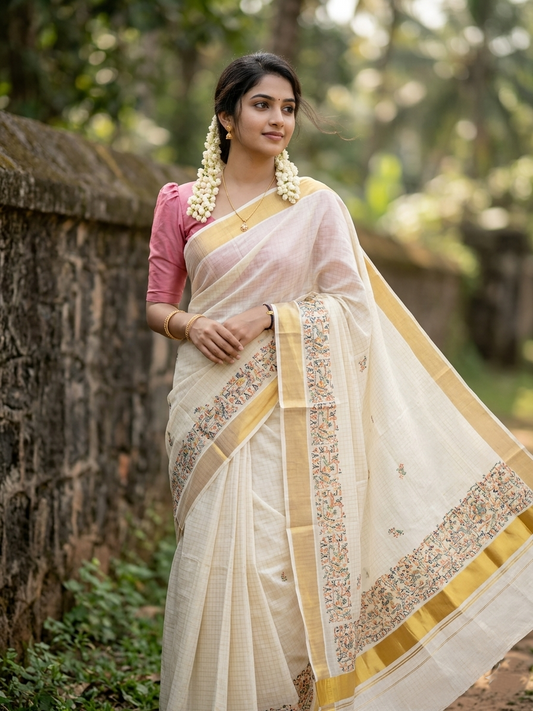 Southloom Kerala Pure Cotton Check Saree with Parrot Embroidery Work on Body and Borders