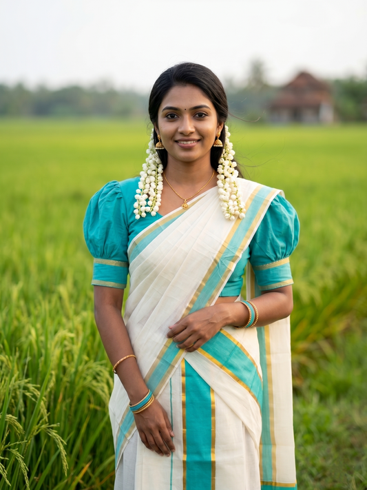 Southloom Kerala Cotton Single Set Mundu (Mundum Neriyathum) with Kasavu and Turquoise Border 2.80Mtrs