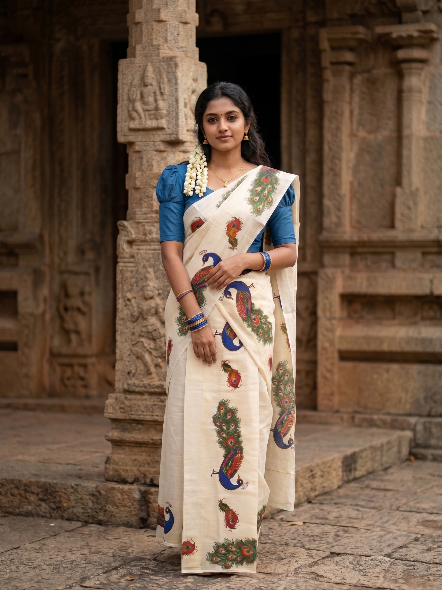 Southloom Tissue Single Set Mundu (Mundu Neriyathum) With Peacock Digital Print With Tussles in Blue 2.80 Mtrs )