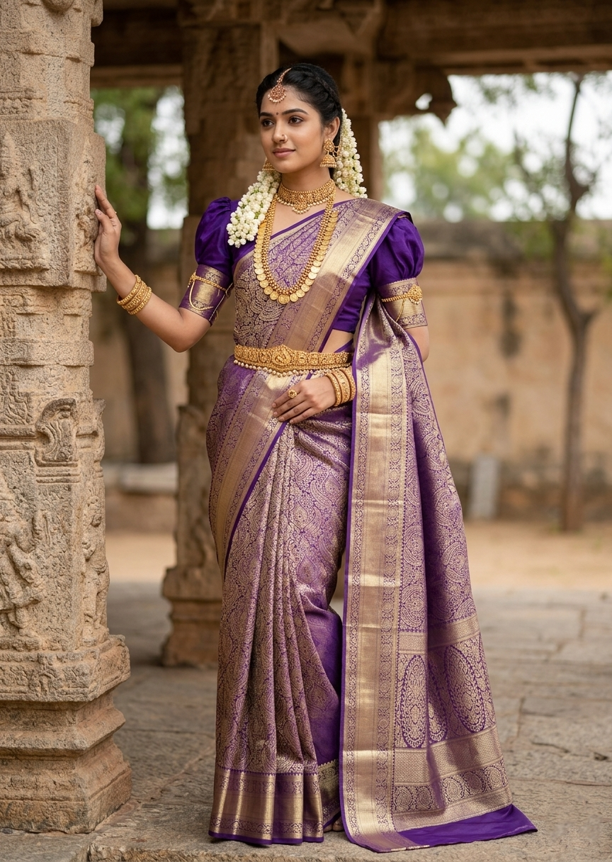 Southloom Pure Handloom Bridal Kanchipuram Silk Saree with Korvai Work (Violet)