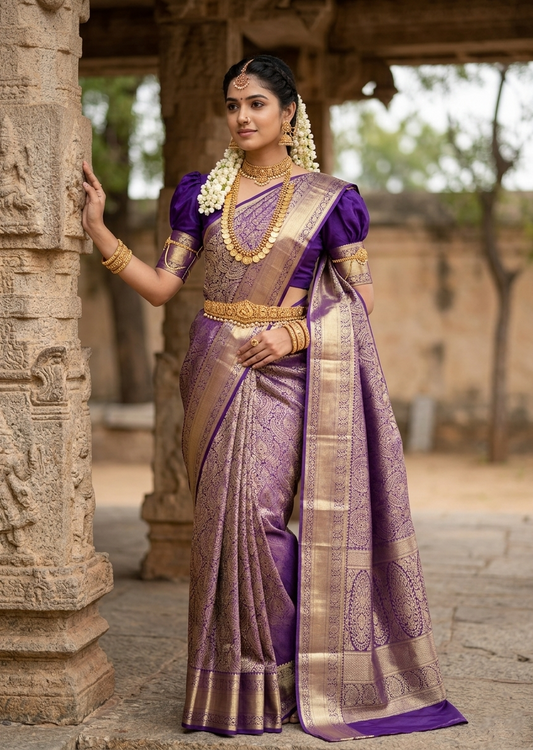Southloom Pure Handloom Bridal Kanchipuram Silk Saree with Korvai Work (Violet)