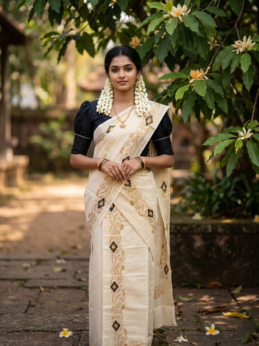 Southloom Kerala Tissue Kasavu Single Set Mundu (Mundum Neriyathum) Black and Golden Embroidery Work