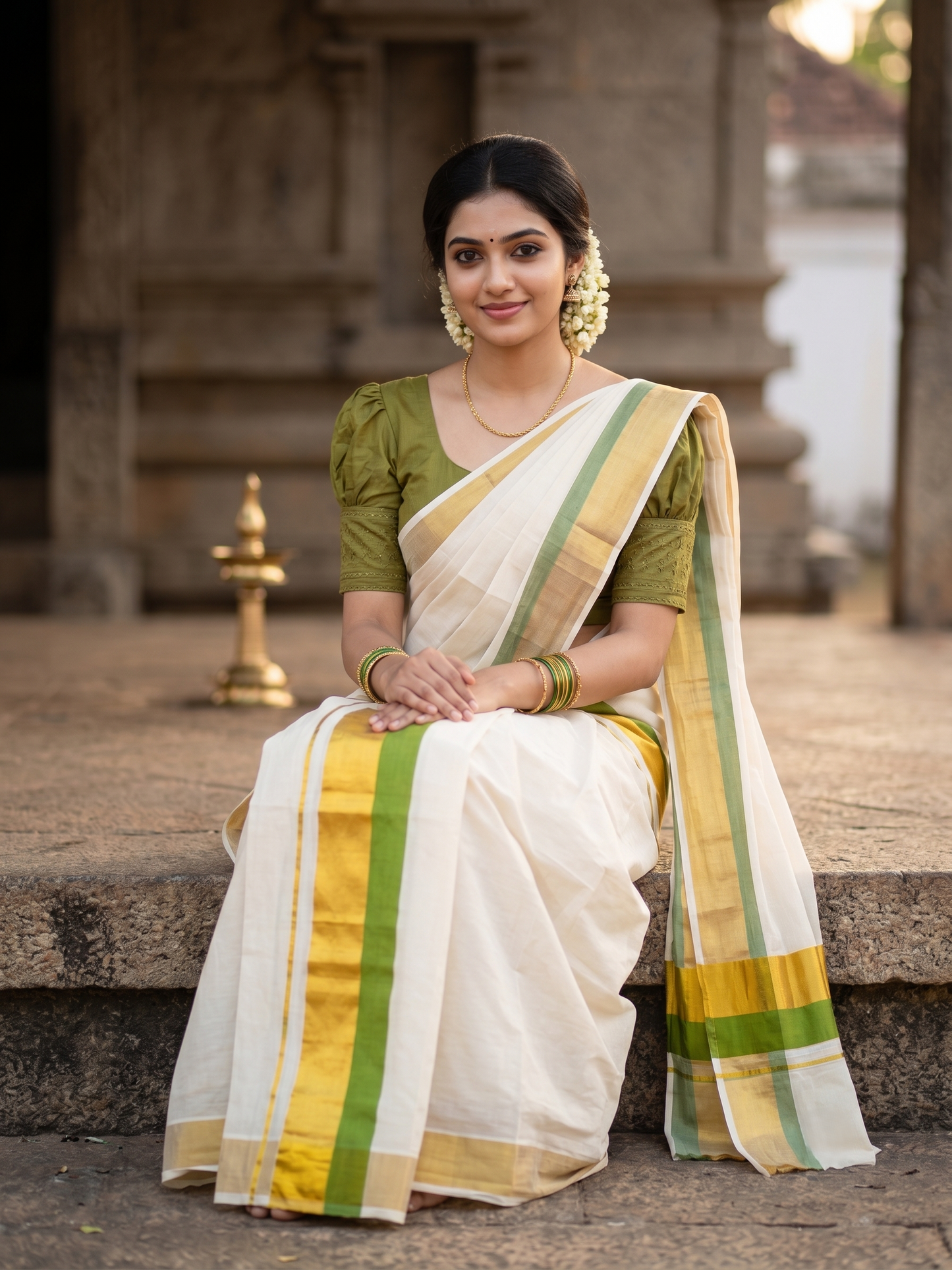 Kerala Cotton Set Mundu (Mundum Neriyathum) with Olive Green and Kasavu Border 2.80 Mtrs SLKK SL504