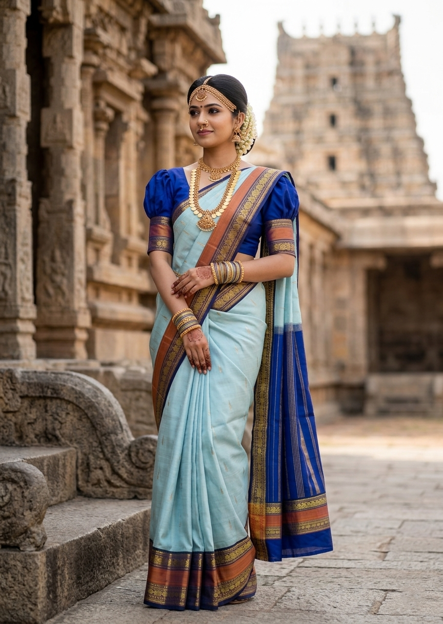 Southloom Pure Handloom Kanchipuram Silk Saree with Korvai Work (Blue & Green )