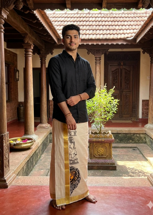 Cotton Lion Printed Gold Kasav Double Mundu SL0017