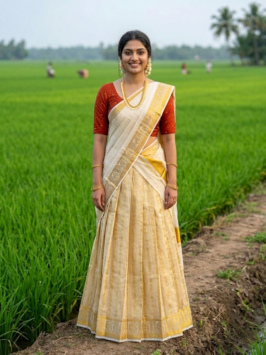 Southloom Stitched Tissue Dhavani Set with Pavada and Orange Blouse Piece