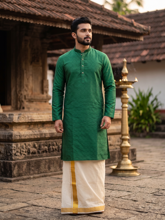 Southloom Green woven Semi Silk Short Kurta for Men SL590