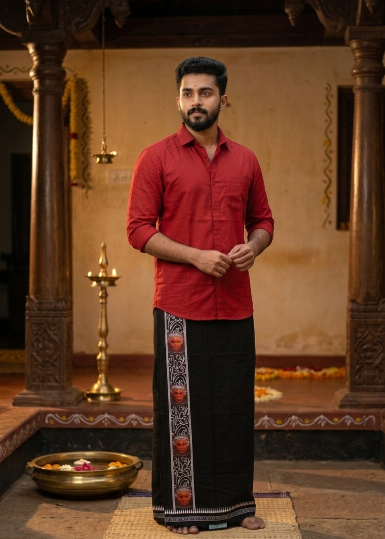 Theyyam Printed Black Single Dhoti / Otta Mundu SL319
