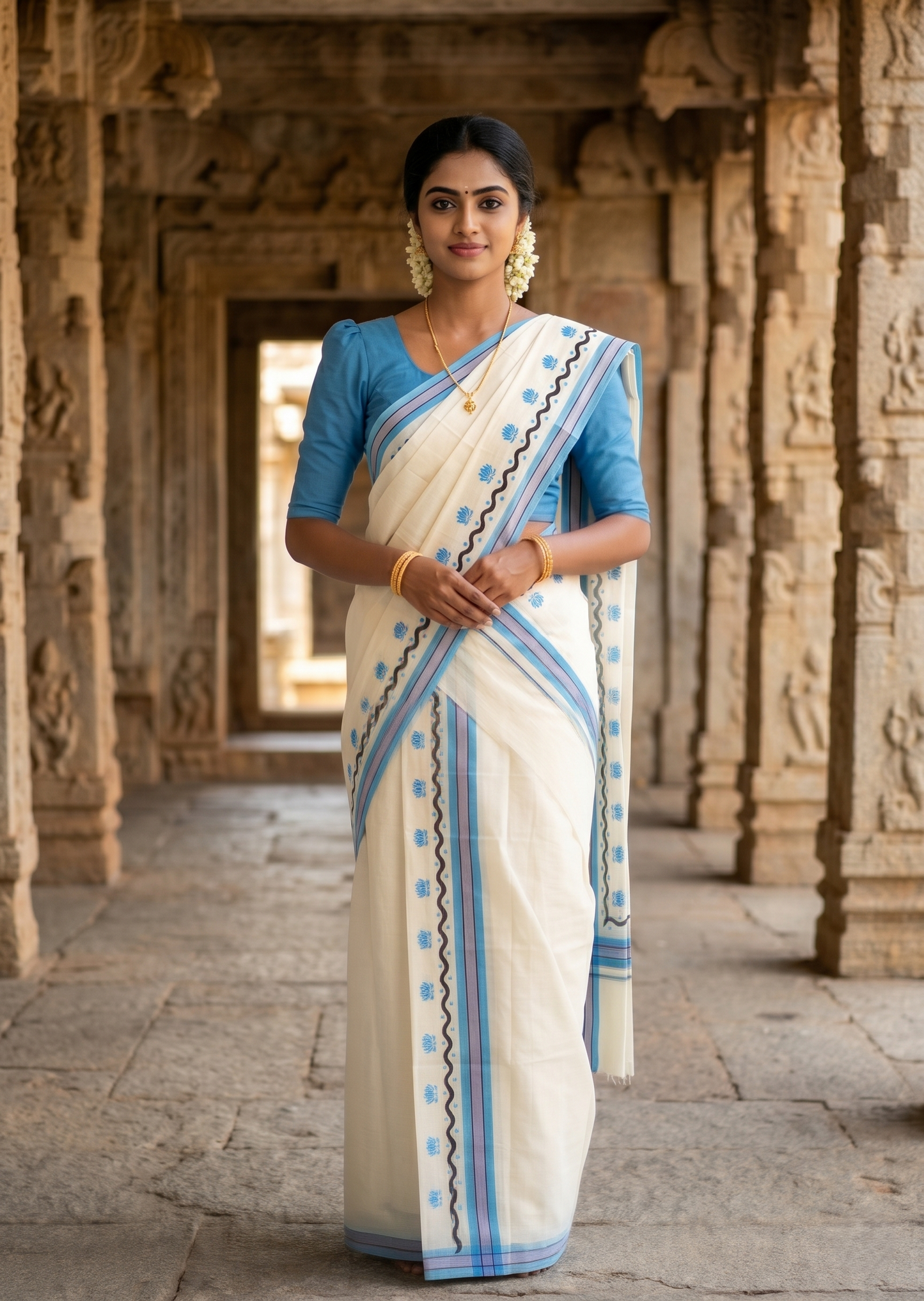 Southloom Pure Cotton Kerala Single Mulloth Set Mundu With Lotus Digital Print in Blue (Mundum Neriyathum) in 2.75 Mtrs SL371
