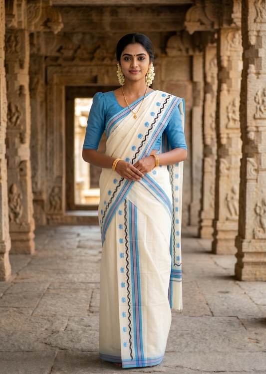 Southloom Pure Cotton Kerala Single Mulloth Set Mundu With Lotus Digital Print in Blue (Mundum Neriyathum) in 2.75 Mtrs SL371