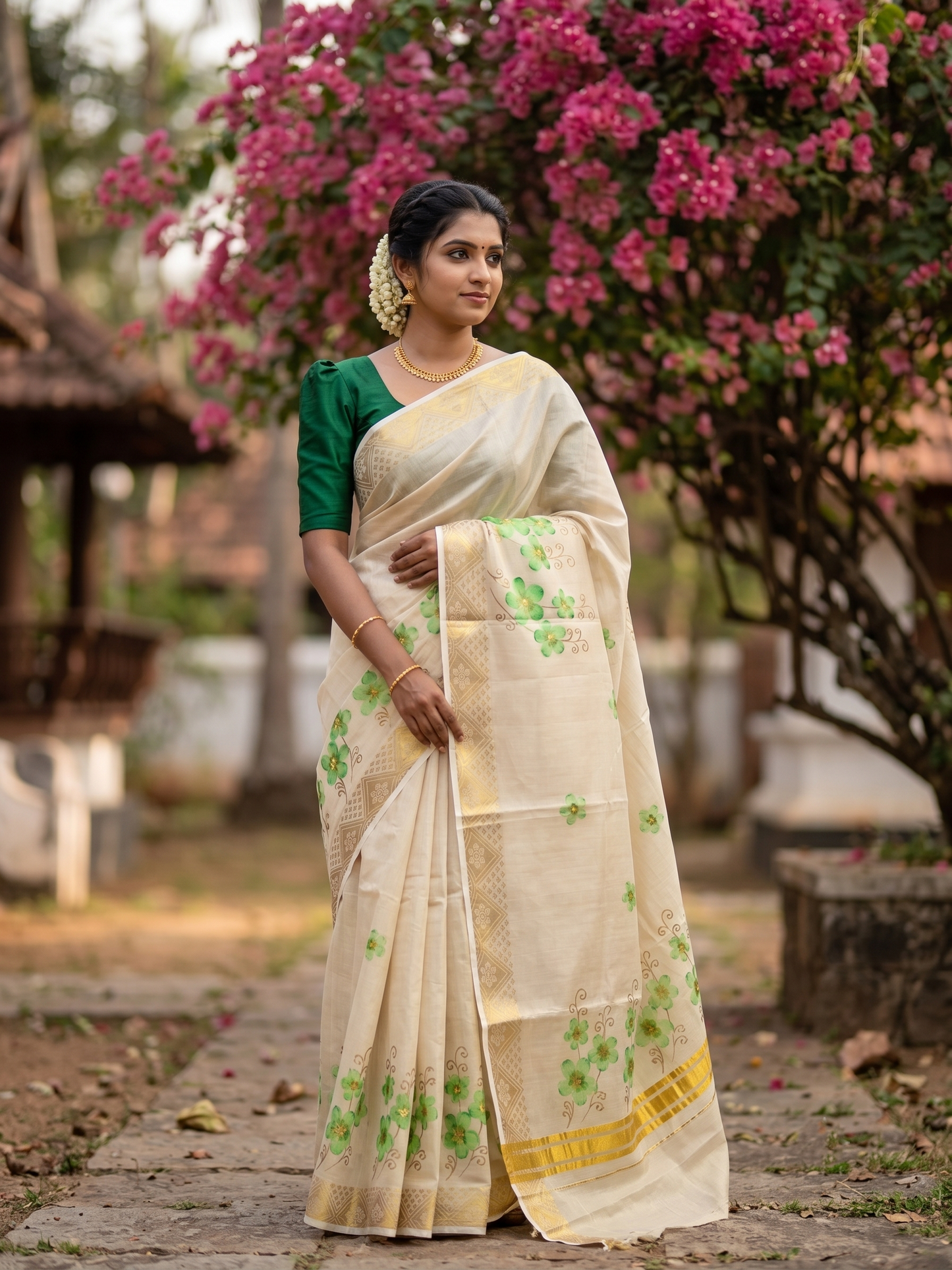 Southloom Kerala Tissue Kasavu Saree with Green Floral Embroidery Work on Body