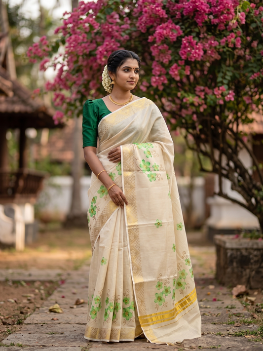 Southloom Kerala Tissue Kasavu Saree with Green Floral Embroidery Work on Body