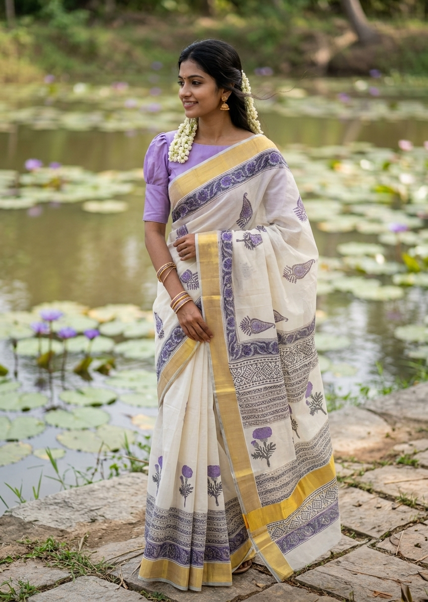 Southloom Cotton Kerala Kasavu Saree with Jaipur Block Printed on Body And Borders in Lavender SL561
