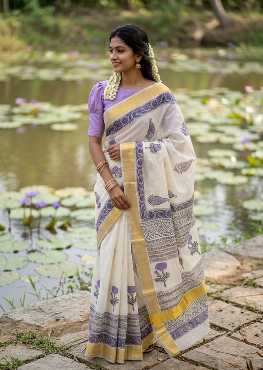 Southloom Cotton Kerala Kasavu Saree with Jaipur Block Printed on Body And Borders in Lavender SL561