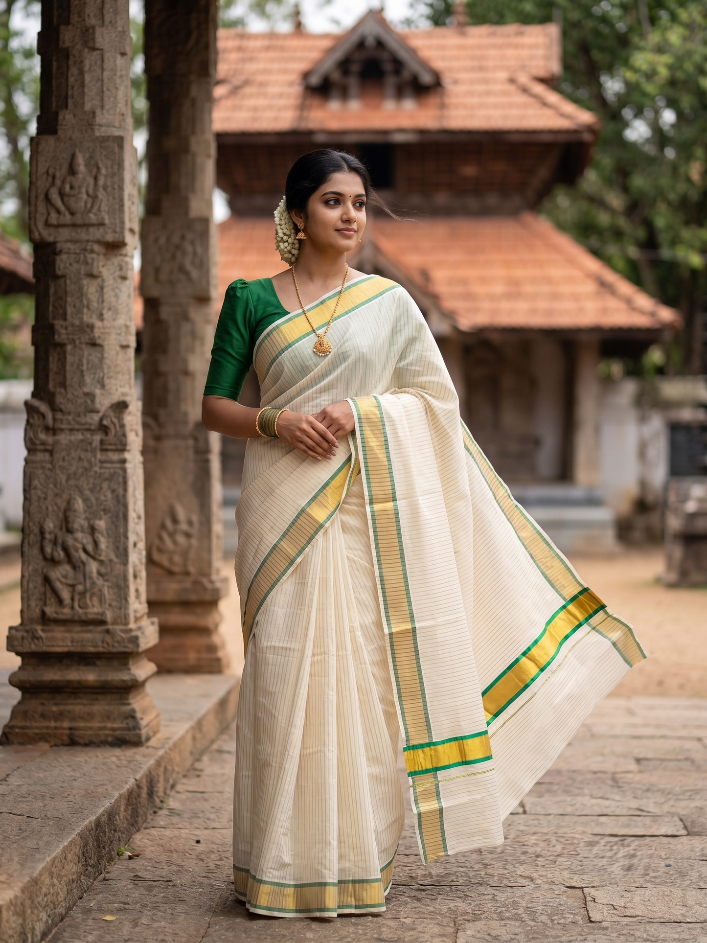 Southloom Pure Cotton Kerala Saree with Gold Kasavu Lines Across Body and Green Border