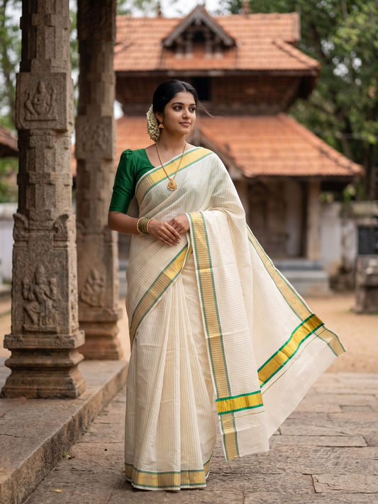 Southloom Pure Cotton Kerala Saree with Gold Kasavu Lines Across Body and Green Border