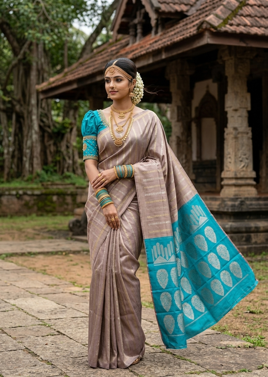 Southloom Premium Handloom Bridal Kanchipuram Silk Saree with Korvai Work