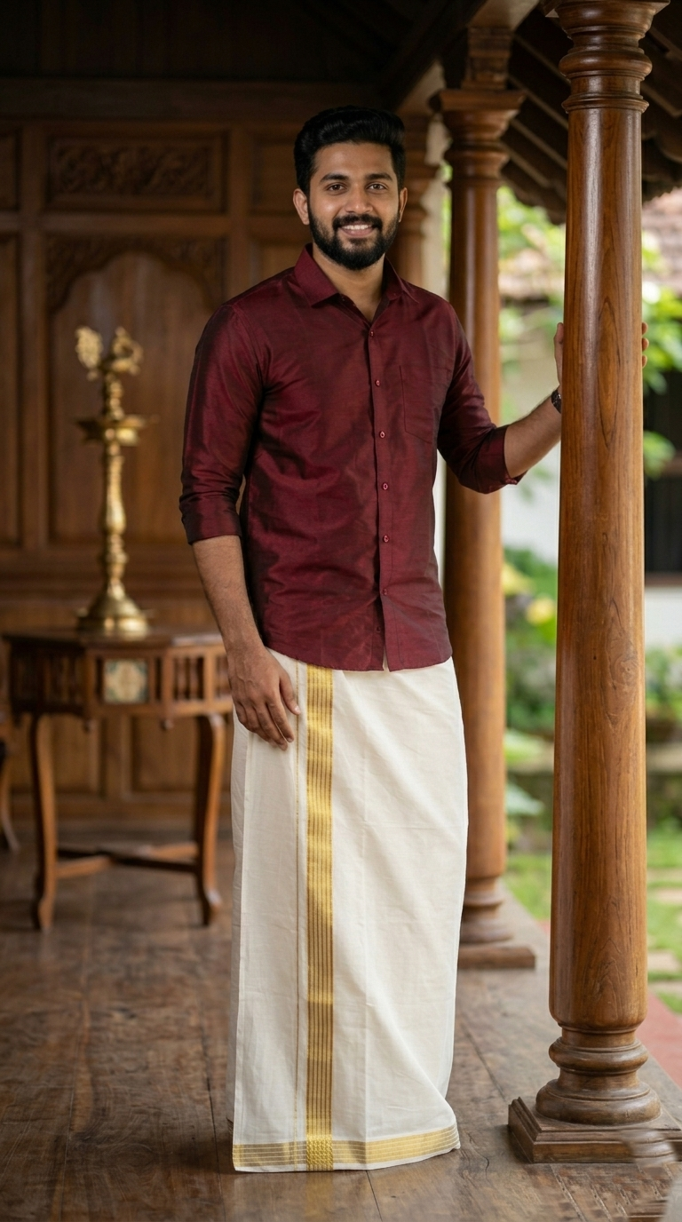 Southloom Kerala Pure Cotton Double Mundu with Gold Kasavu and Border (South Indian Dhoti)