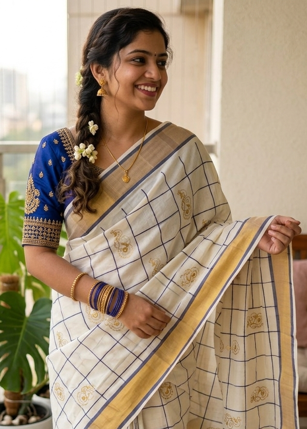 Kerala Cotton Blue Saree With Embroidery Work SL197