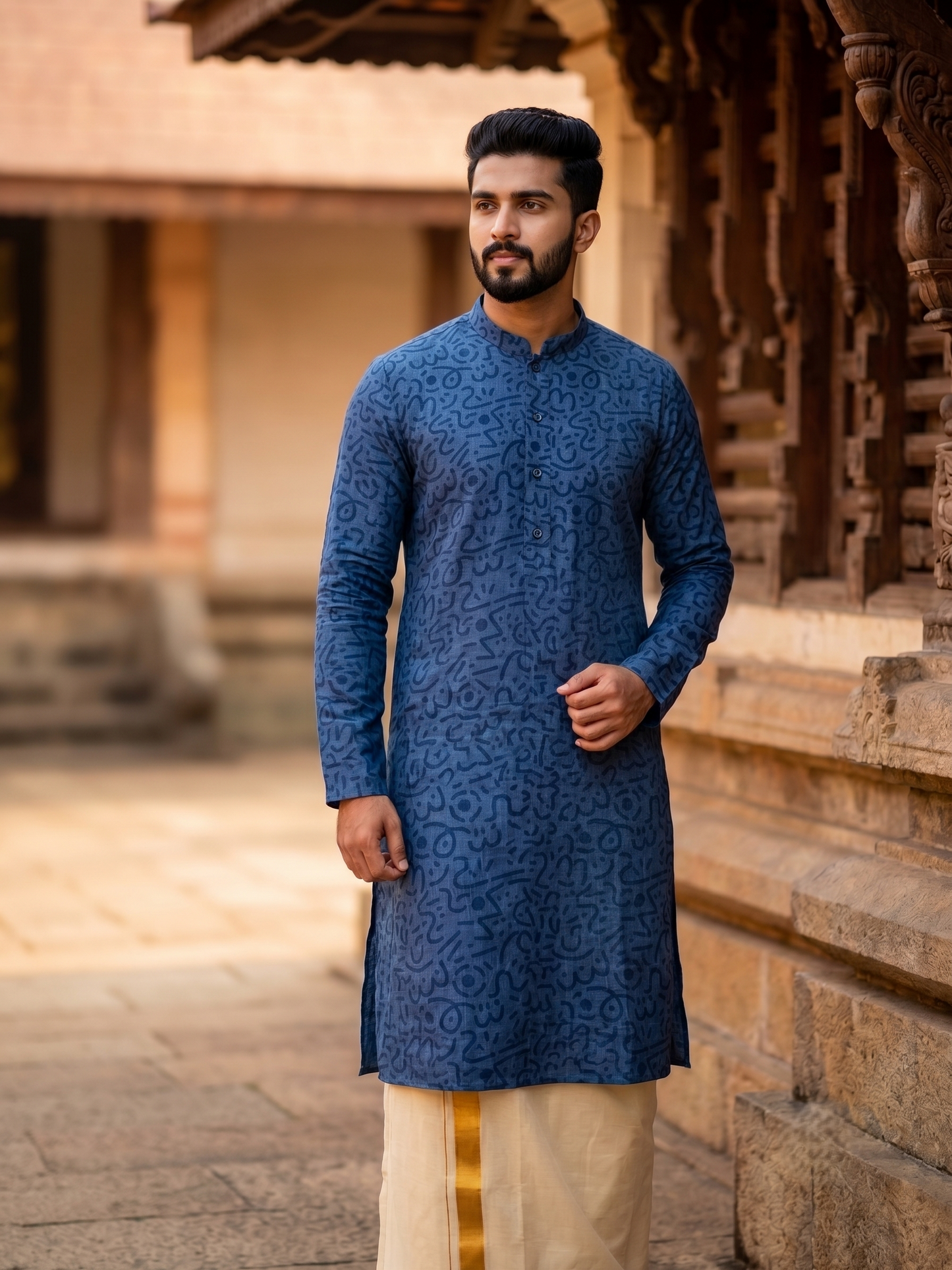 Southloom Blue Printed Semi Silk Long Kurta for Men SL590