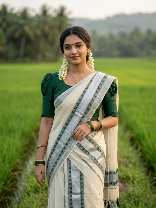 Cotton Single Set Mundu (Mundu Neriyathum) Silver Temple Design Works And Green Border Kasavu in 2.80 Mtrs With Tussles