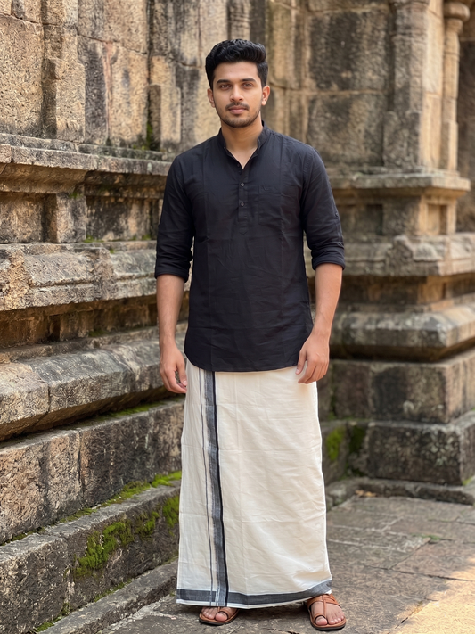 Southloom Pure Cotton Mundu with Silver Lines and Black Border (South Indian Kerala Dhoti)