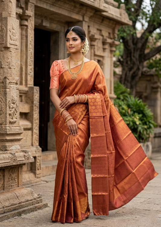 Southloom Premium Semi Silk Zari Work Bridal Brocade Saree in Peach with Matching Pallu