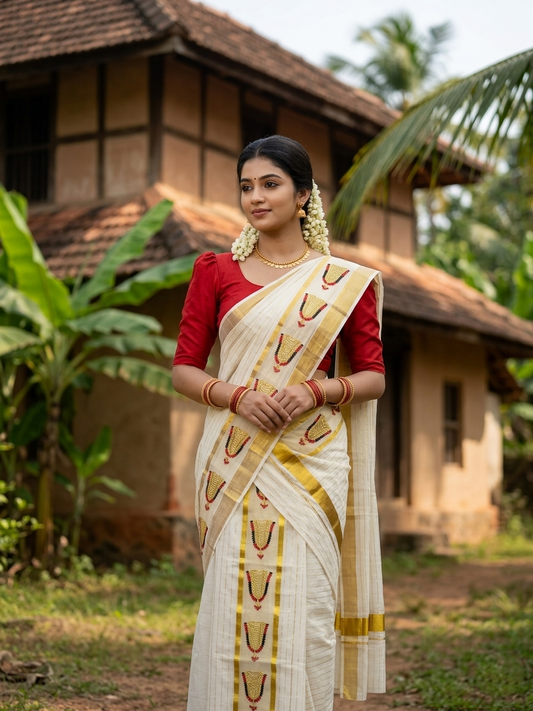 Southloom Pure Cotton Kerala Kasavu Single Set Mundu (Mundum Neriyathum) with Nettipattam Embroidery in Black and Red