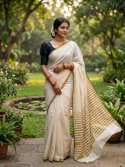 Southloom Puliyilakkara Black and Gold Kasavu Kerala Saree with Woven Blouse