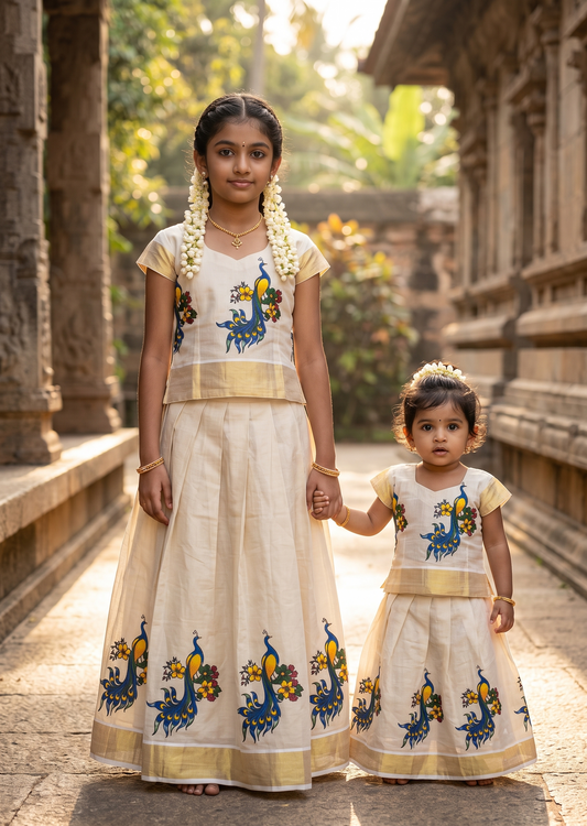 Southloom Kerala Tissue Kasavu Peacock Digital Printed Pavada & Blouse with for Kids SL604