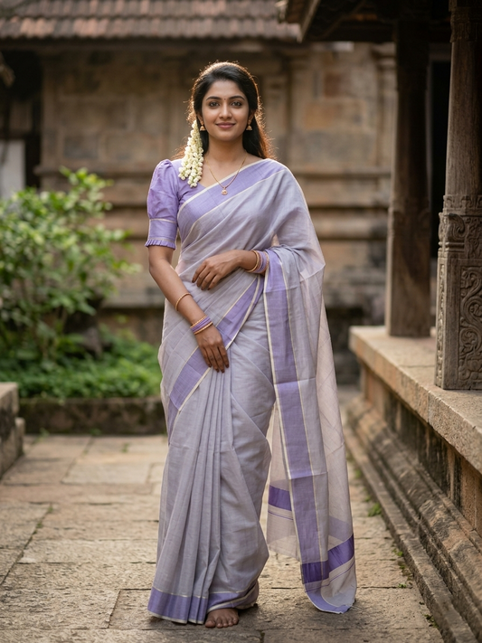 Southloom Lavender Kasavu Tissue Plain Kerala Saree