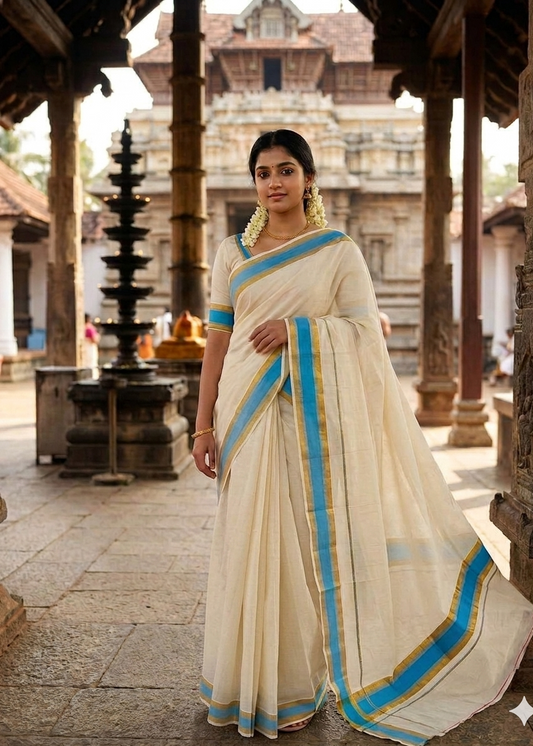 Kerala Cotton Kasavu Saree With Blue Borders SL446