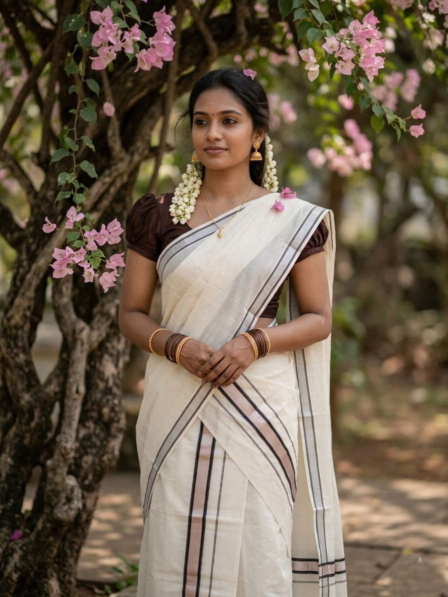 Kerala Cotton Mundum Neriyathum Single (Set Mundu) with Silver Kasavu and Brown Border 2.80 Mtrs SLKK SL470