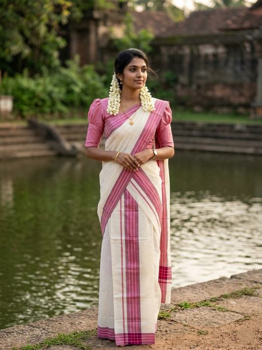 Southloom Pure Cotton Kerala Single Mulloth Set Mundu (Mundum Neriyathum) Pink & Purple Border in 2.50 mtrs SL243