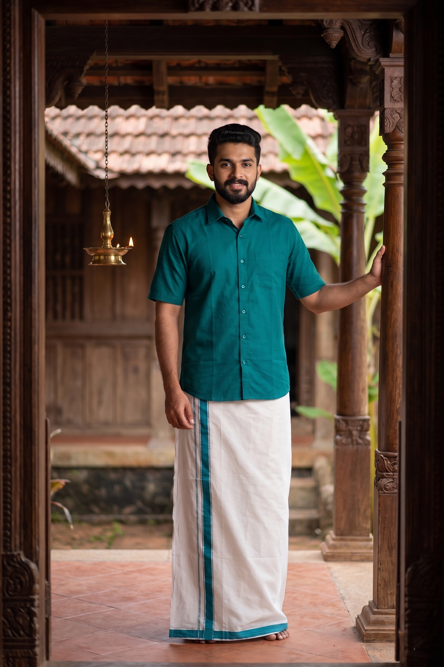 Premium Balaramapuram Handloom Unakkupaavu 1 inch Double Mundu with Silver Kasavu and Green Kara