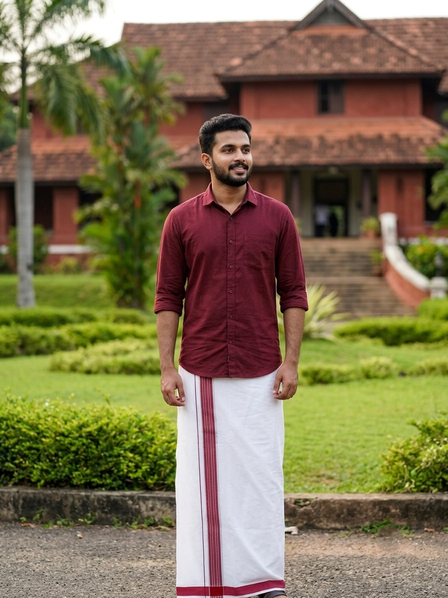 Southloom Pure White Cotton Single Mundu with Silver Line & Maroon Border (South Indian Kerala Dhoti)