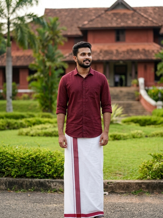 Southloom Pure White Cotton Single Mundu with Silver Line & Maroon Border (South Indian Kerala Dhoti)