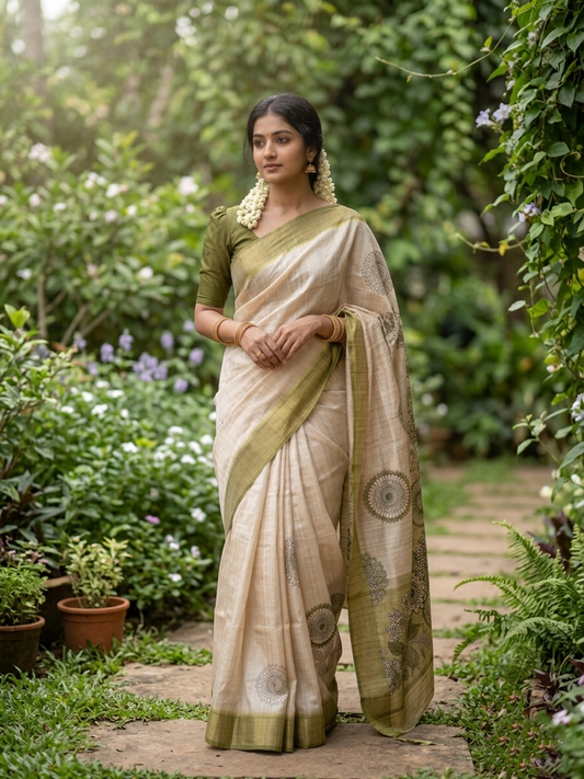 Southloom Saree with Floral Works Across Body in Green