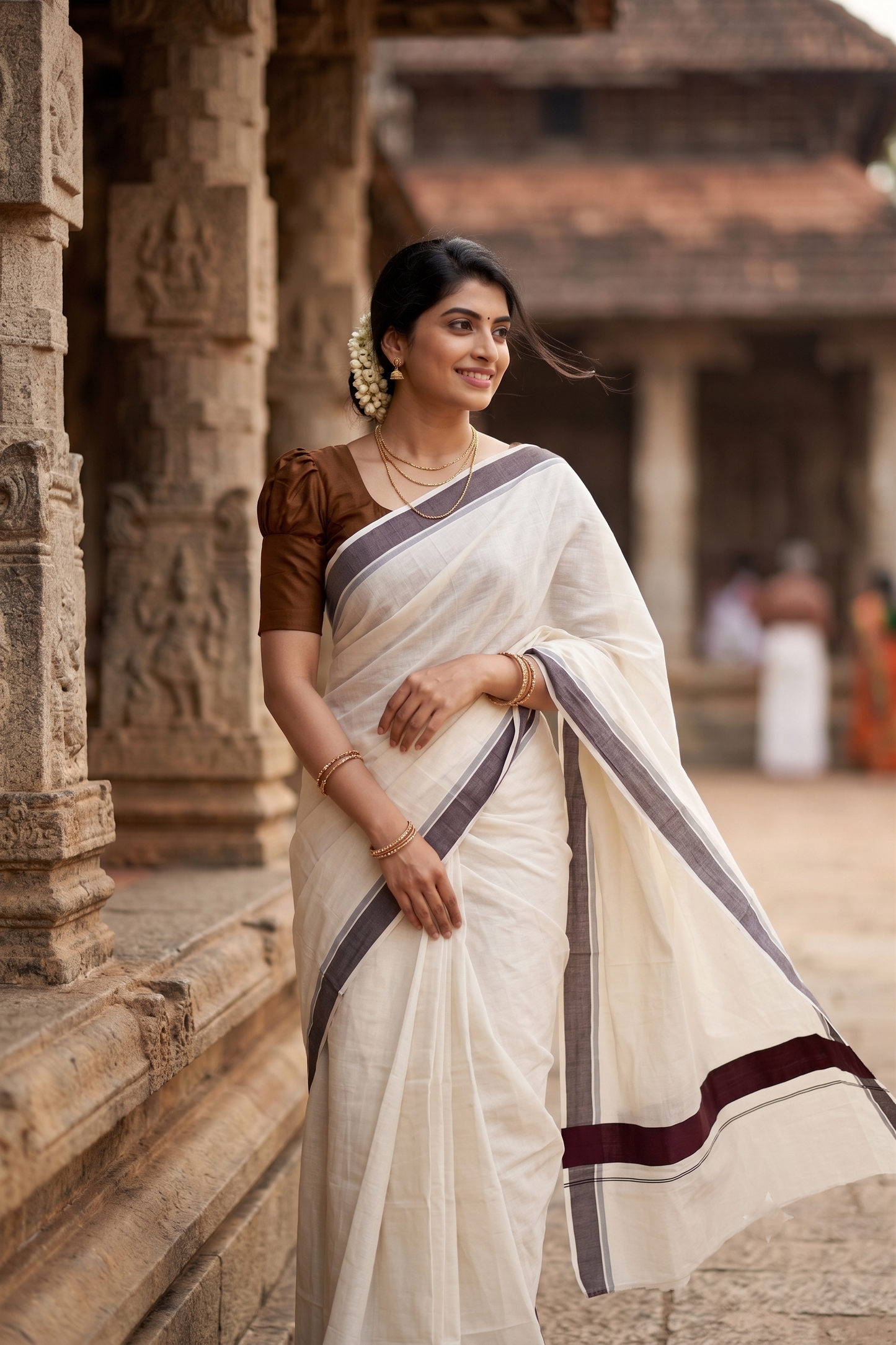 Southloom Pure Cotton Kerala Plain Saree with Brown 2x2 Border