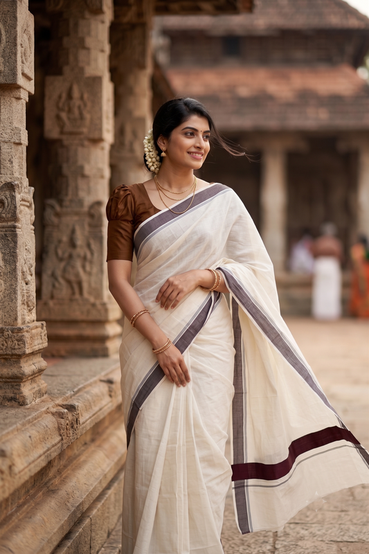 Southloom Pure Cotton Kerala Plain Saree with Brown 2x2 Border