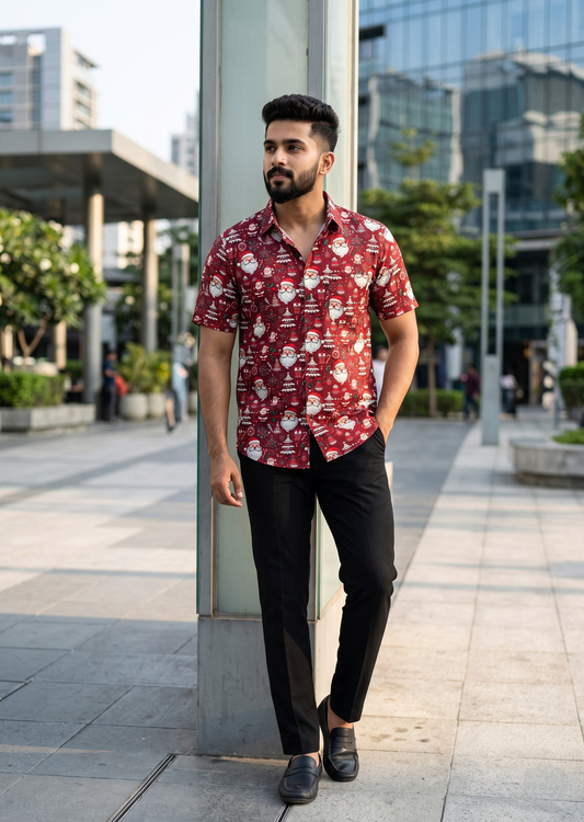 Southloom Ethinic Shirt With Christmas Printed for Men in Red Half Sleeve