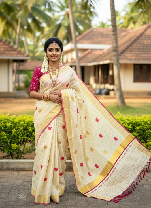 Southloom Kerala Tissue Kasavu Line Saree with Pink Lotus Embroidery Works