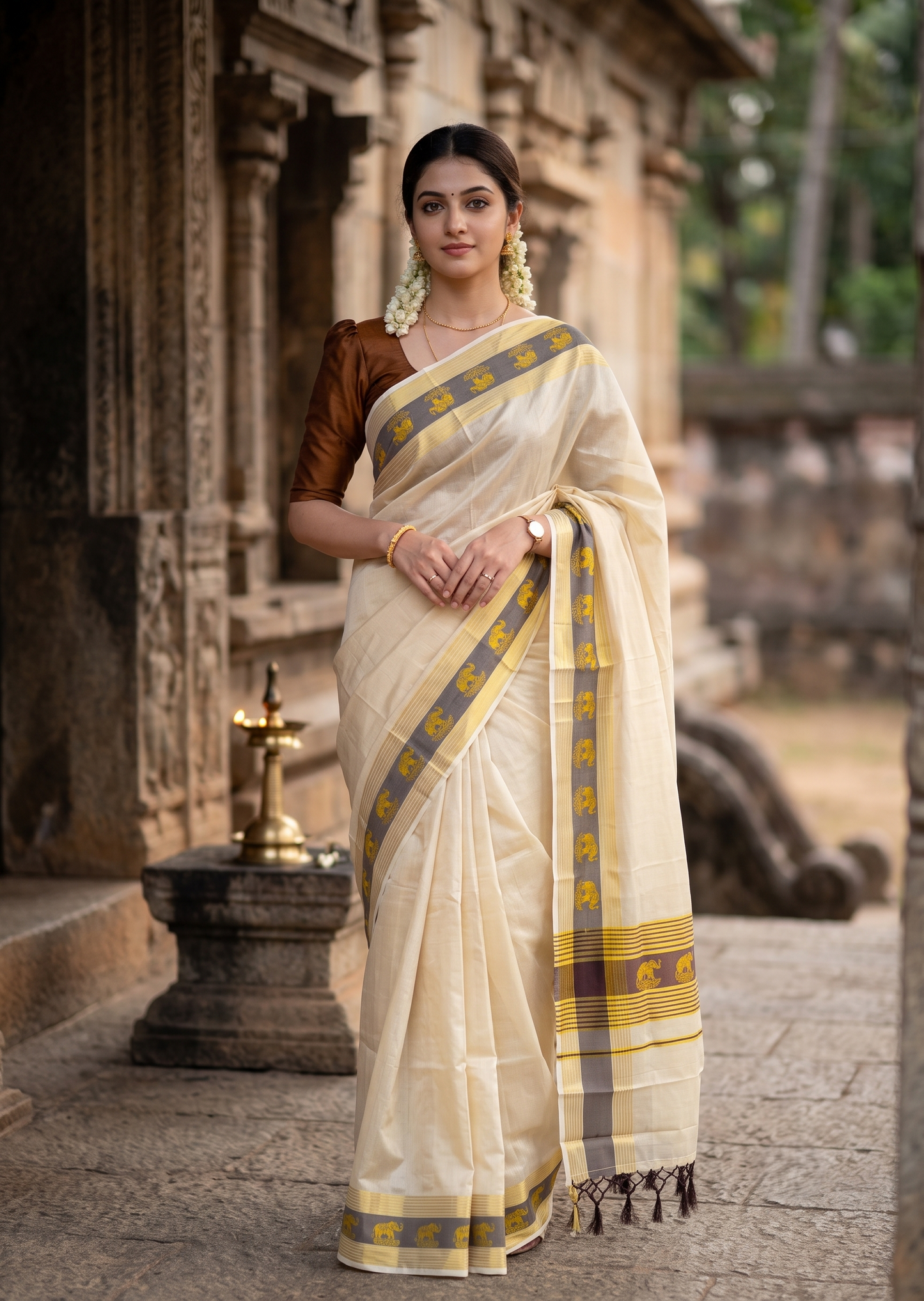 Southloom Kerala Tissue Kasavu Saree with Elephant Digital Print on Borders in Brown SL507