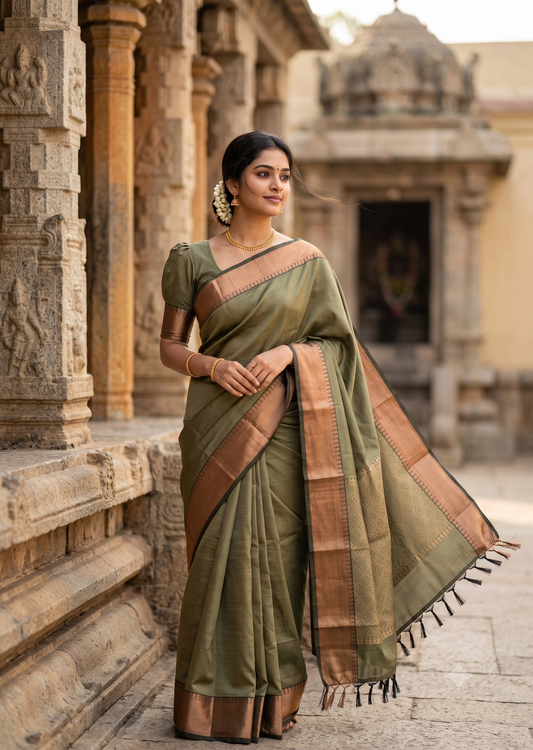 Southloom Silk Saree with Plain Body And Paisley Border in Green SL552
