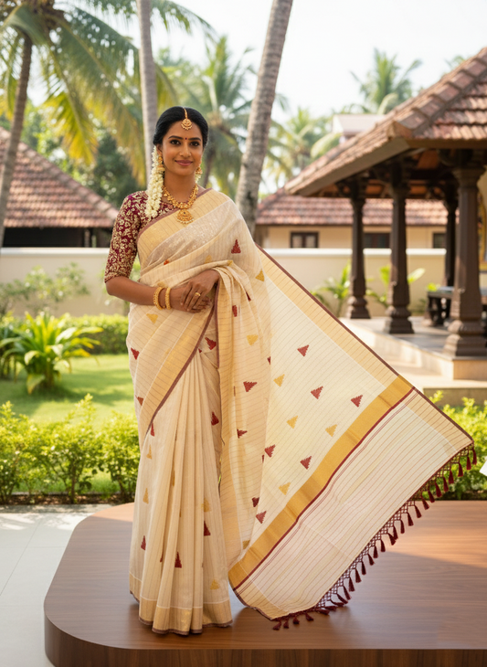 Kerala Tissue Kasavu Stripes Saree with Maroon and Gold Temple Embroidery Design on Body